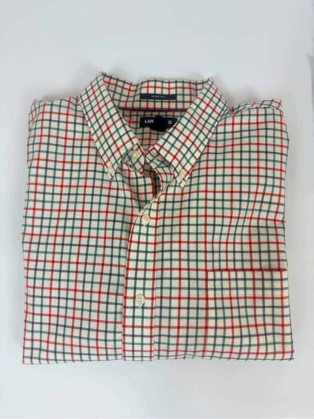 Lands' End Traditional Fit No-Iron Twill Button Up Shirt Plaid Red White Green